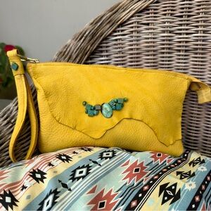 Stunning Fawn Leather Clutch with Turquoise Stones w/cotton lining & pocket